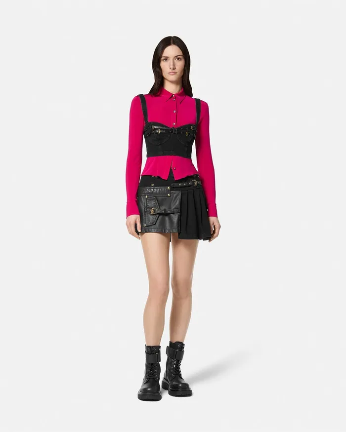 Versace Baroque Buckle Pleated Mini Skirt Black Women Jeans Couture