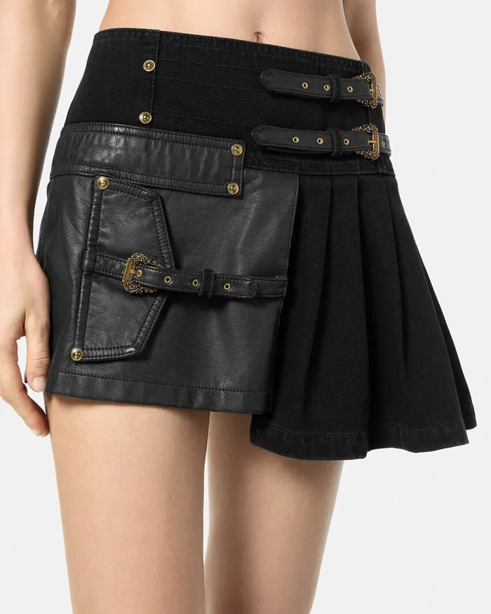 Versace Baroque Buckle Pleated Mini Skirt Black Women Jeans Couture