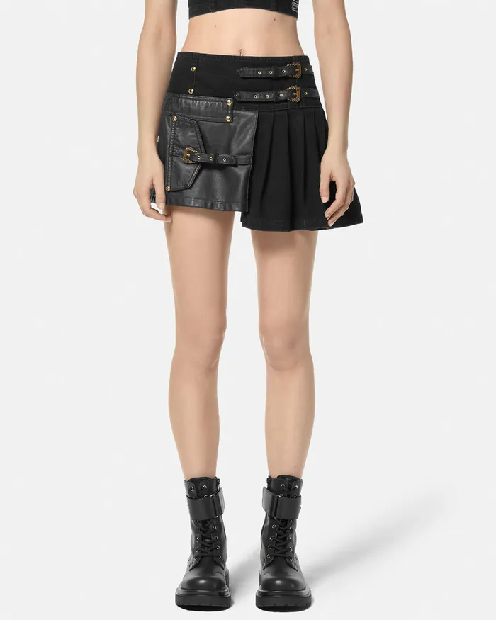 Versace Baroque Buckle Pleated Mini Skirt Black Women Jeans Couture