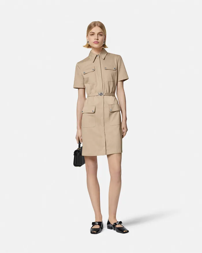 Versace Cargo Gabardine Mini Shirt Dress Beige Women Dresses