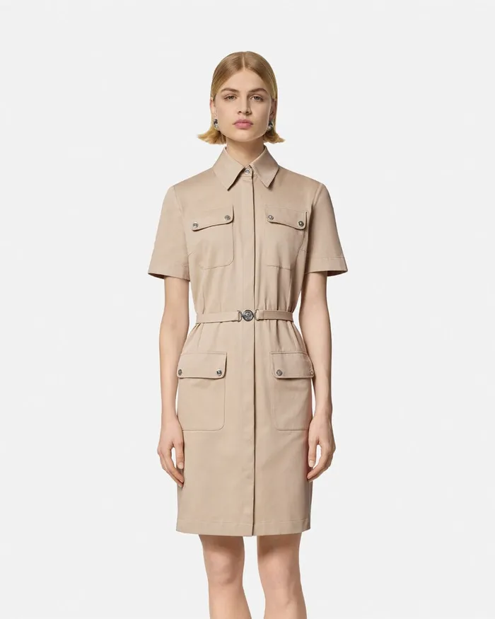 Versace Cargo Gabardine Mini Shirt Dress Beige Women Dresses
