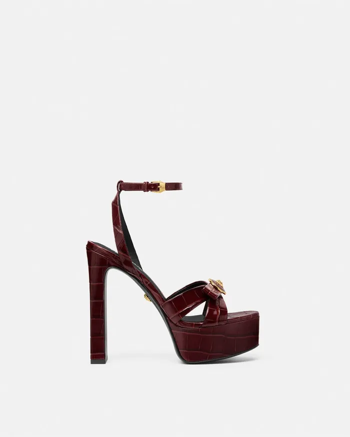Versace CrocEffect Gianni Ribbon Sandals 140 Mm Burgundy Women Sandals