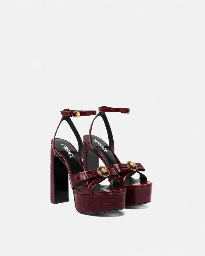 Versace CrocEffect Gianni Ribbon Sandals 140 Mm Burgundy Women Sandals