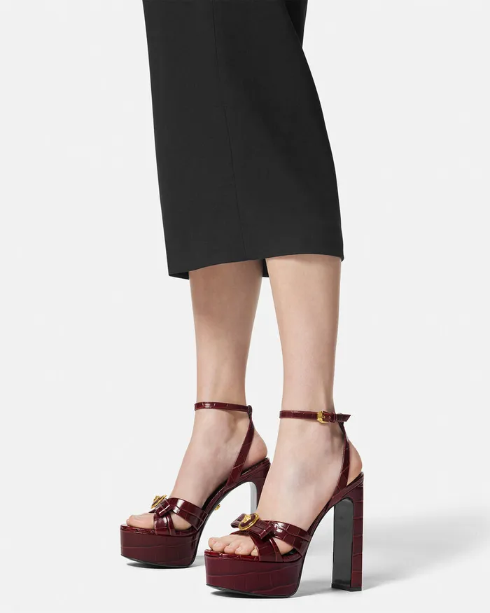 Versace CrocEffect Gianni Ribbon Sandals 140 Mm Burgundy Women Sandals