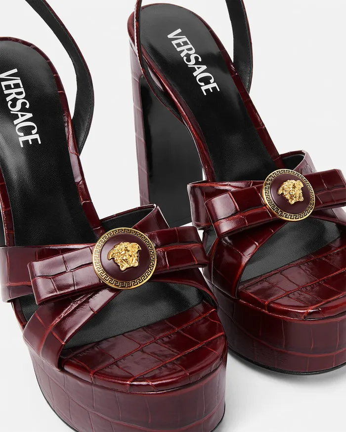 Versace CrocEffect Gianni Ribbon Sandals 140 Mm Burgundy Women Sandals