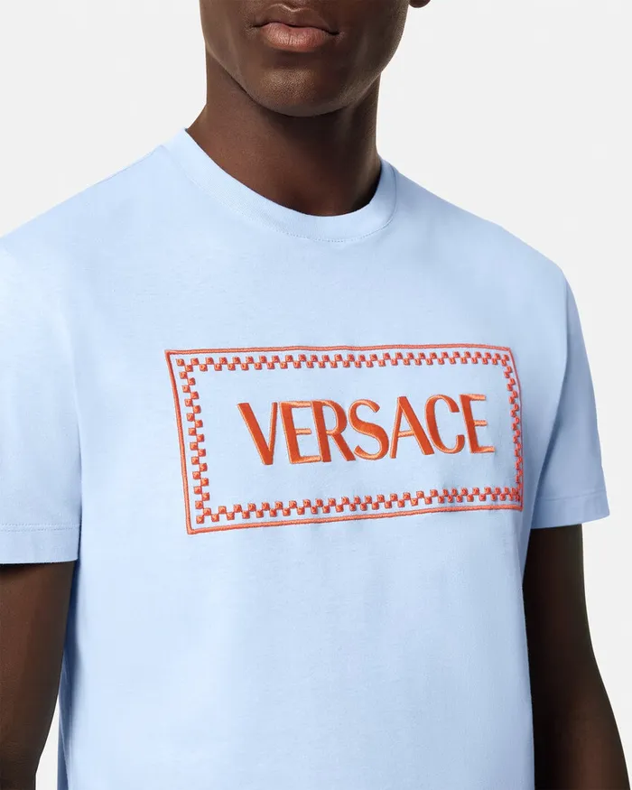 Versace Embroidered 03990s Vintage Logo TShirt Light Blue Men TShirts and Polos