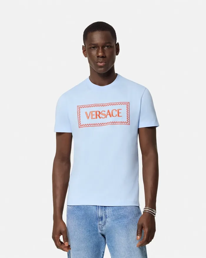 Versace Embroidered 03990s Vintage Logo TShirt Light Blue Men TShirts and Polos