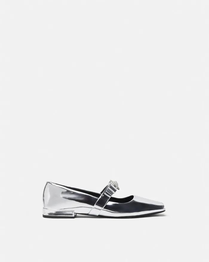 Versace Gianni Ribbon Open Metallic Ballerinas Silver Women Loafers and Flats
