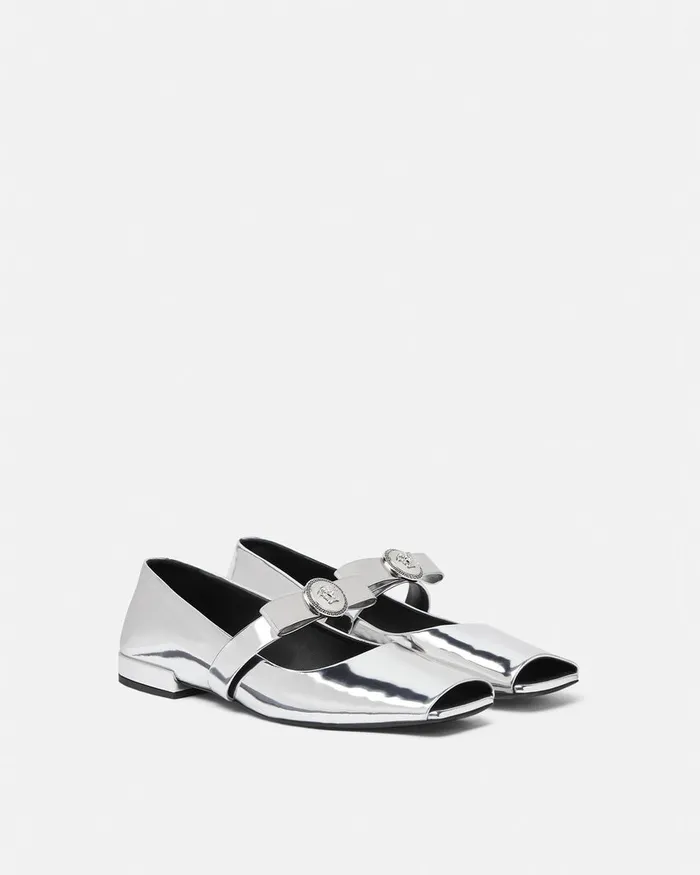 Versace Gianni Ribbon Open Metallic Ballerinas Silver Women Loafers and Flats