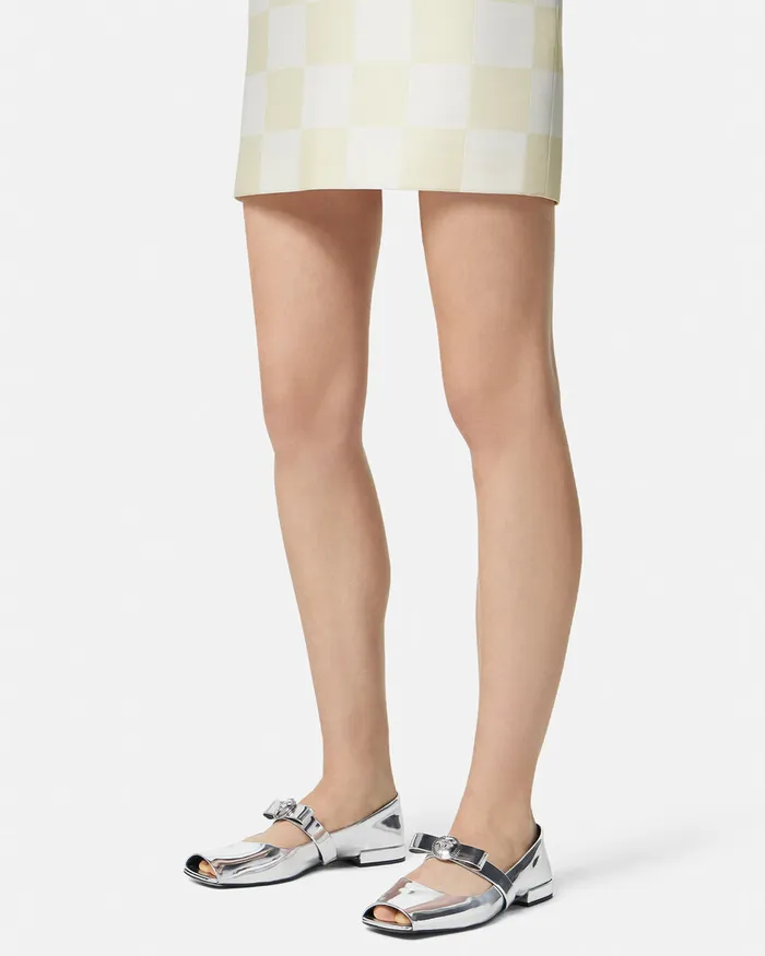 Versace Gianni Ribbon Open Metallic Ballerinas Silver Women Loafers and Flats