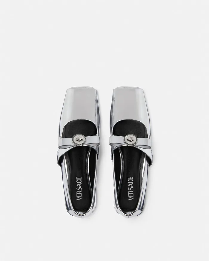 Versace Gianni Ribbon Open Metallic Ballerinas Silver Women Loafers and Flats