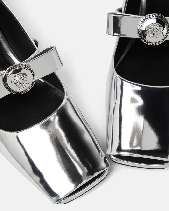 Versace Gianni Ribbon Open Metallic Ballerinas Silver Women Loafers and Flats