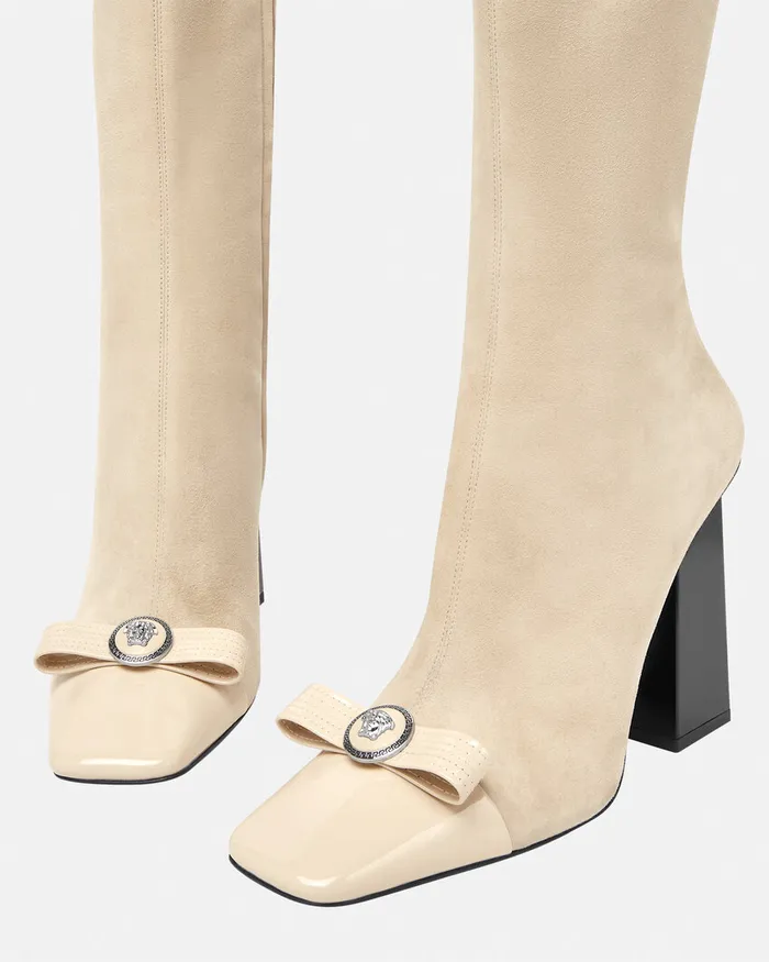 Versace Gianni Ribbon Suede Boots 41034 105 Mm Beige Women Boots