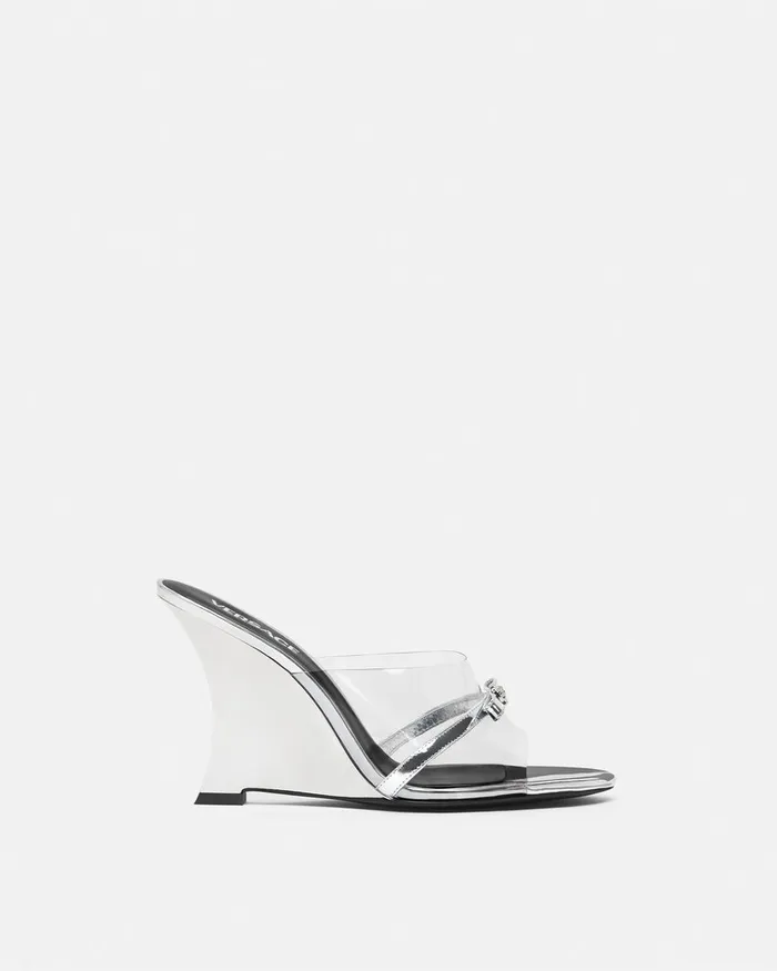 Versace Gianni Ribbon Wedge Mules 95 Mm Silver Women Sandals