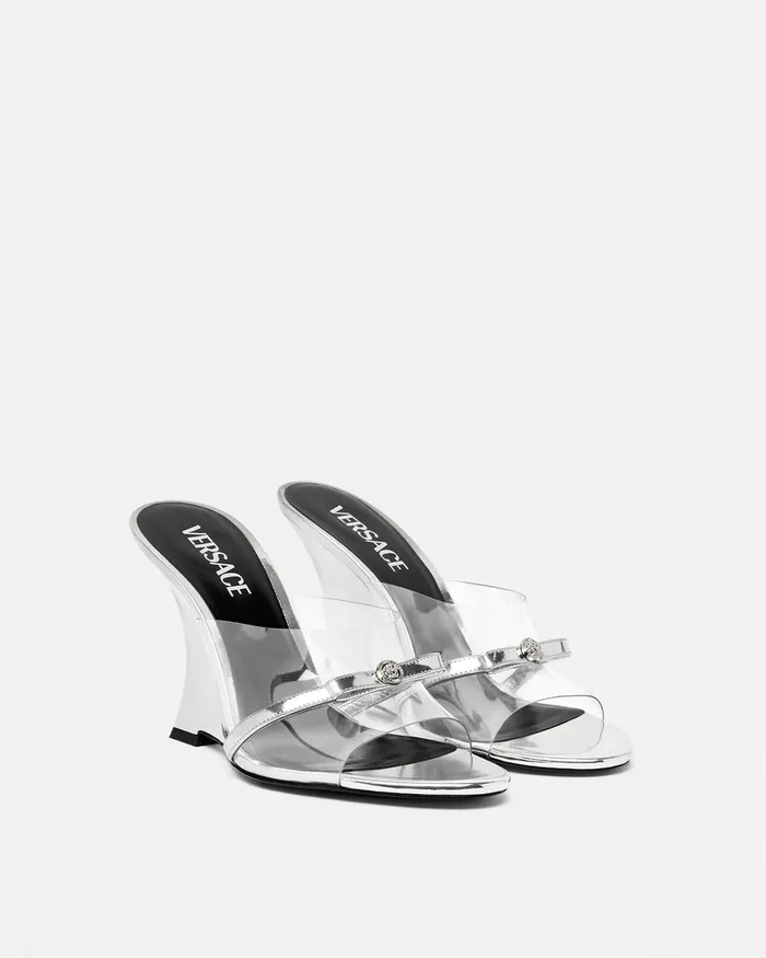 Versace Gianni Ribbon Wedge Mules 95 Mm Silver Women Sandals