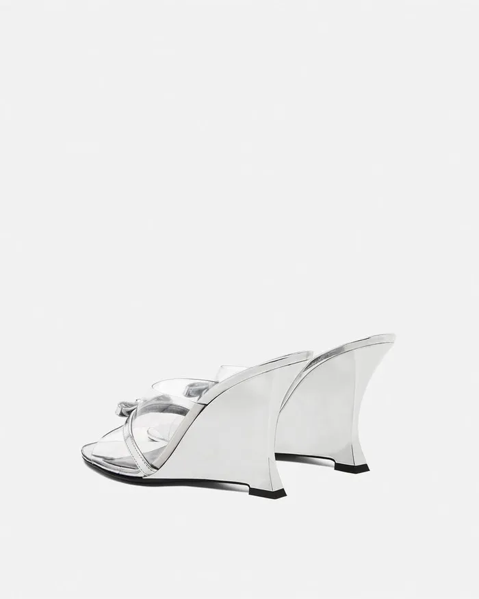 Versace Gianni Ribbon Wedge Mules 95 Mm Silver Women Sandals