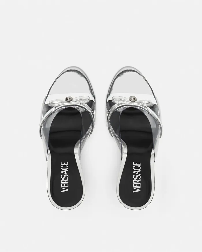 Versace Gianni Ribbon Wedge Mules 95 Mm Silver Women Sandals