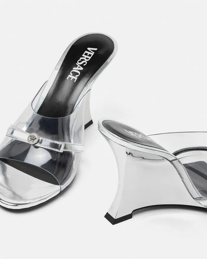 Versace Gianni Ribbon Wedge Mules 95 Mm Silver Women Sandals