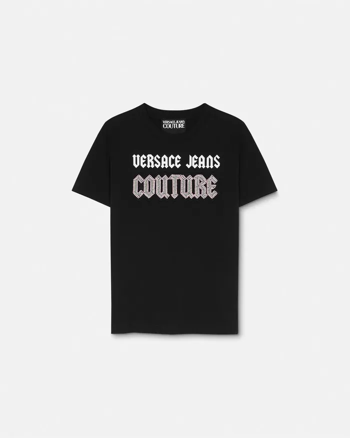 Versace Gothic Logo TShirt Blackprint Women Jeans Couture