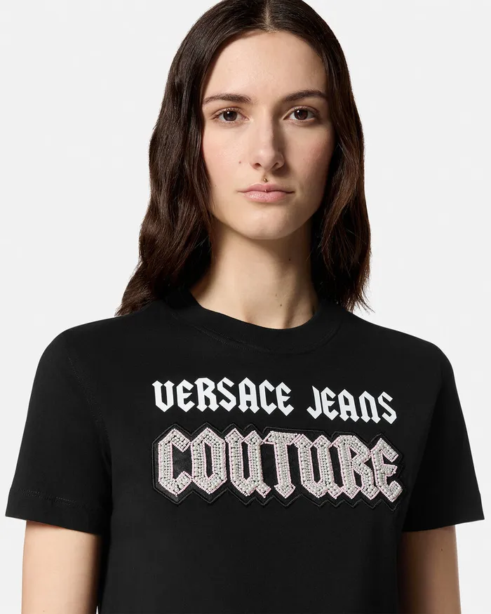 Versace Gothic Logo TShirt Blackprint Women Jeans Couture