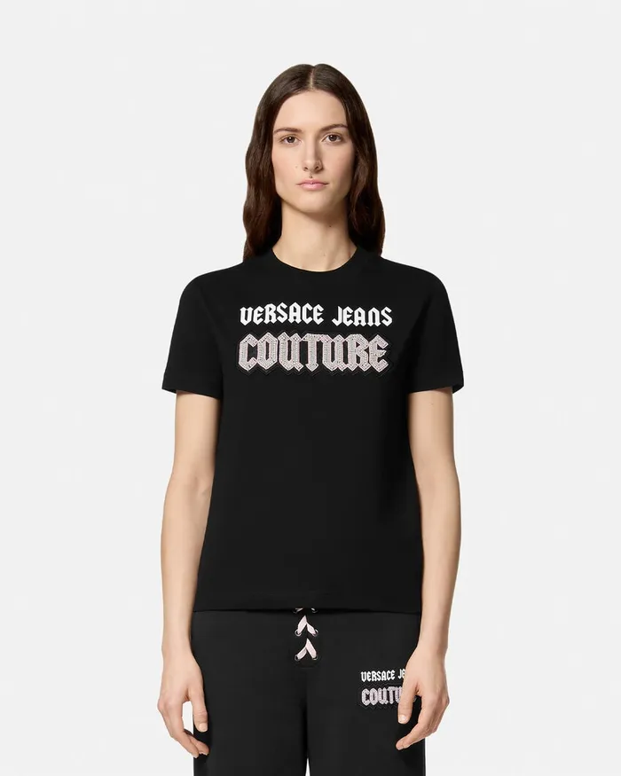 Versace Gothic Logo TShirt Blackprint Women Jeans Couture