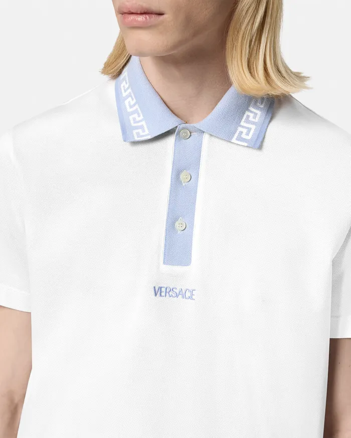 Versace Greca Collar Polo Shirt White Men TShirts and Polos