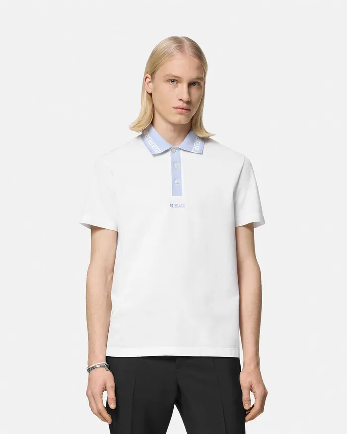Versace Greca Collar Polo Shirt White Men TShirts and Polos