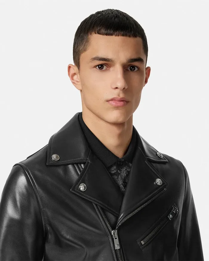 Versace Leather Biker Jacket Black Men Jackets and Coats