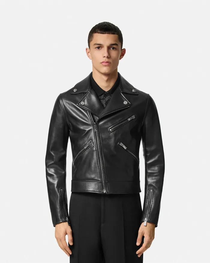 Versace Leather Biker Jacket Black Men Jackets and Coats