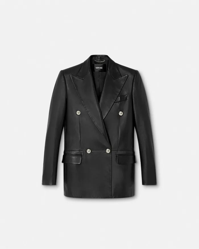 Versace Leather StraightFit Masculine Blazer Black Women Outerwear and Coats