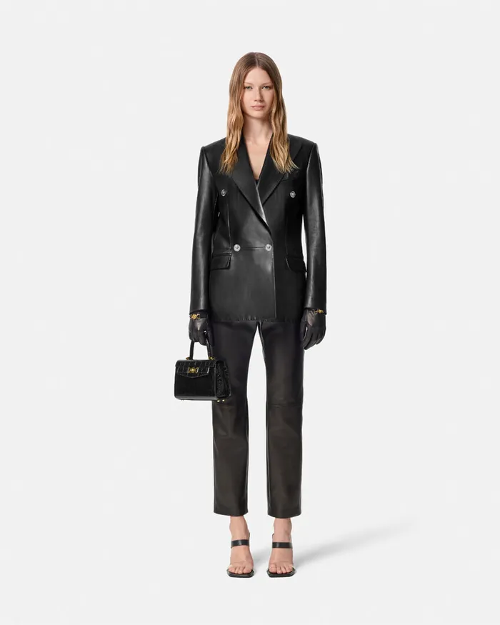 Versace Leather StraightFit Masculine Blazer Black Women Outerwear and Coats