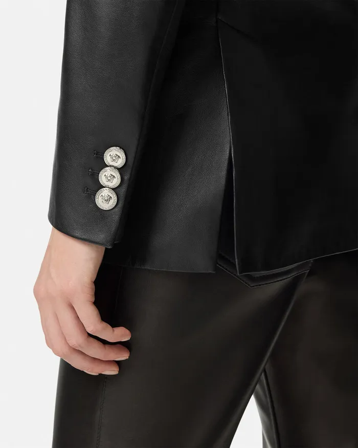 Versace Leather StraightFit Masculine Blazer Black Women Outerwear and Coats