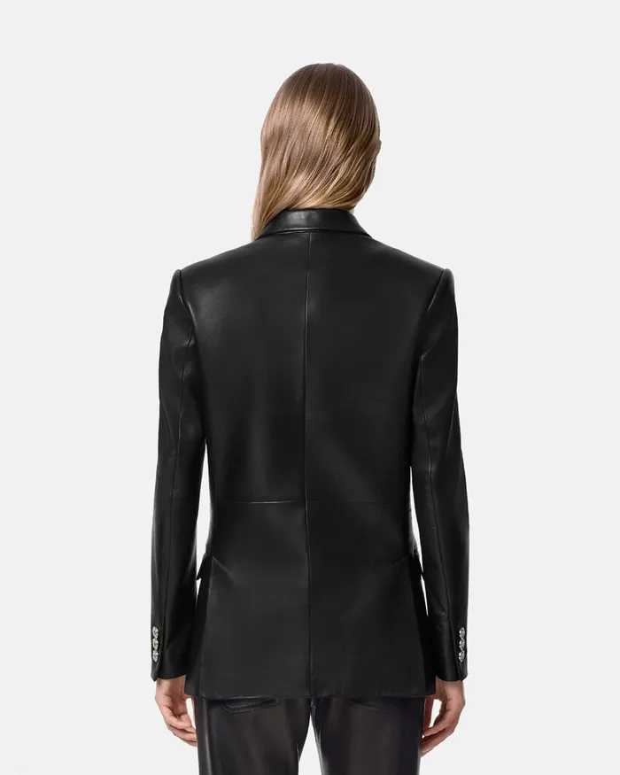 Versace Leather StraightFit Masculine Blazer Black Women Outerwear and Coats