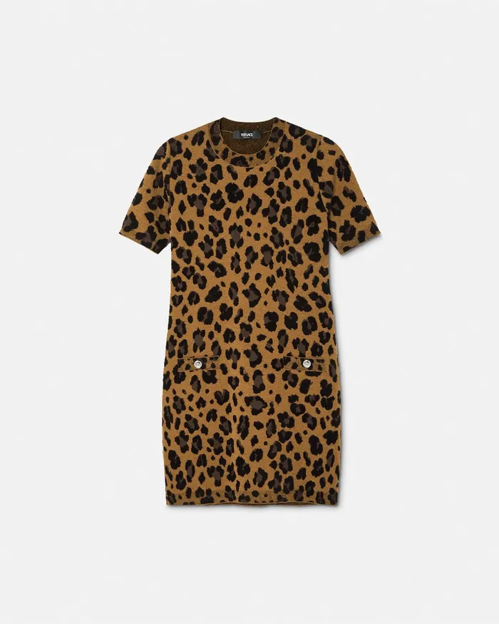 Versace Leopard Jacquard Knit TShirt Dress Animalier Women Knitwear