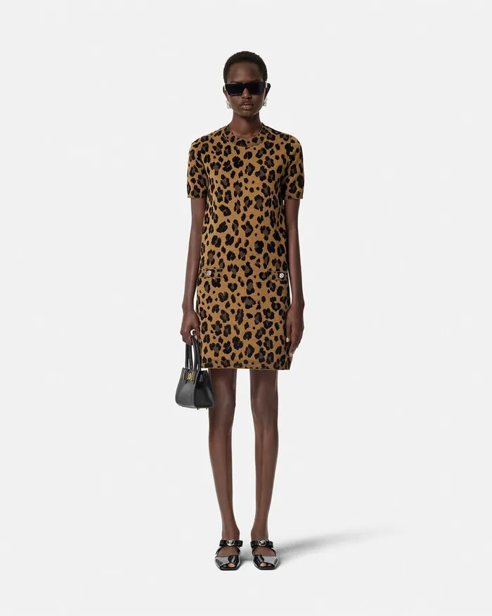 Versace Leopard Jacquard Knit TShirt Dress Animalier Women Knitwear