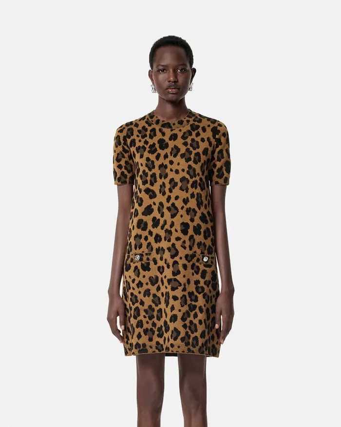 Versace Leopard Jacquard Knit TShirt Dress Animalier Women Knitwear