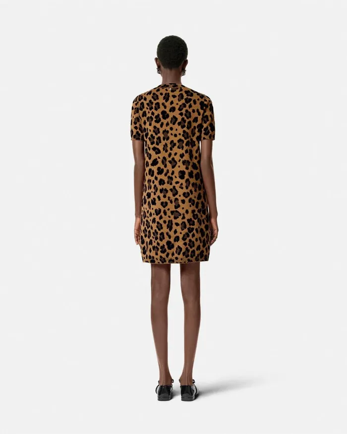 Versace Leopard Jacquard Knit TShirt Dress Animalier Women Knitwear