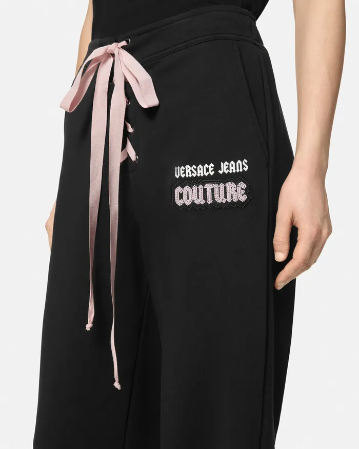 Versace Logo LaceUp Sweatpants Blackprint Women Jeans Couture