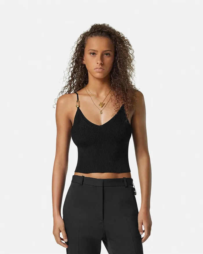 Versace Safety Pin Knit Crop Top Black Women Shirts and Tops