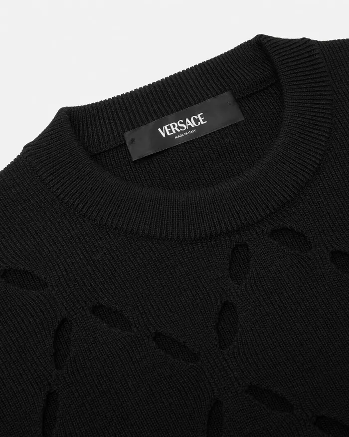 Versace Slashed Merino Wool Knit Sweater Black Men Knitwear