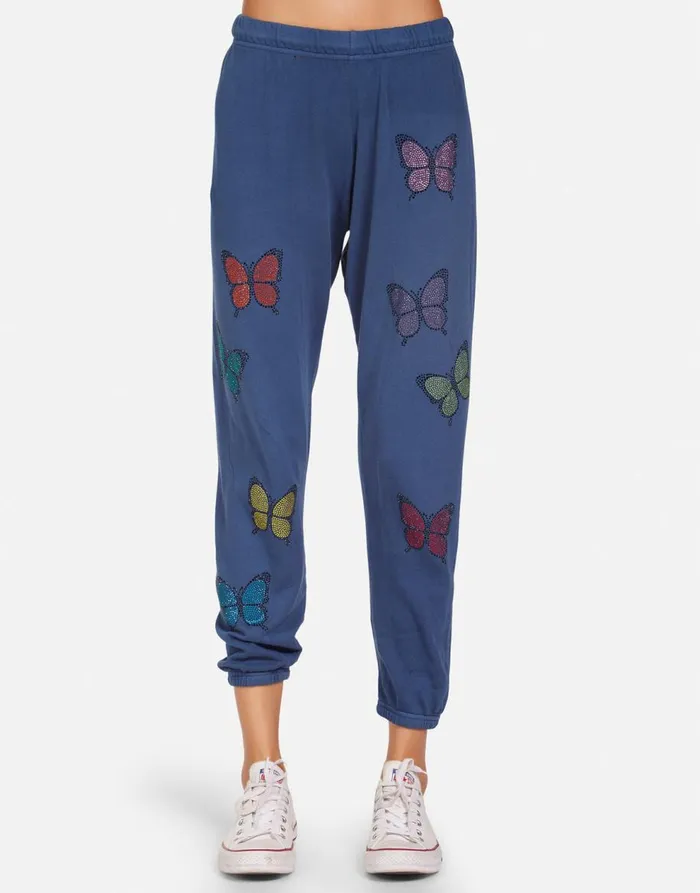 Women039s Alana Crystal Butterfly Denim Navy Lauren Moshi Crop Sweatpants
