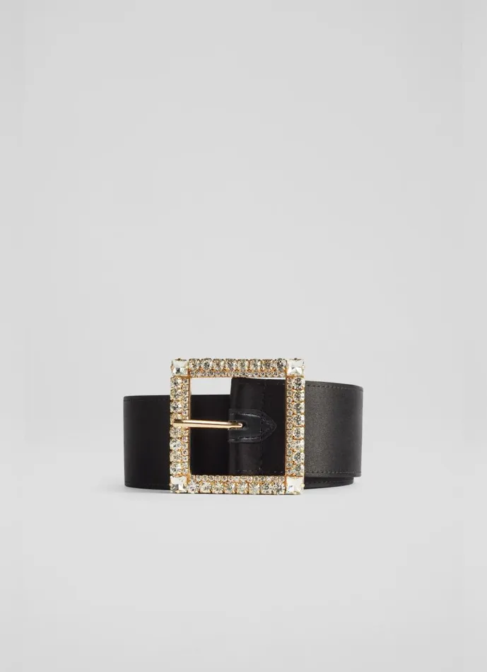Women Belts LKBennett Polly Black Satin Crystal Buckle Belt
