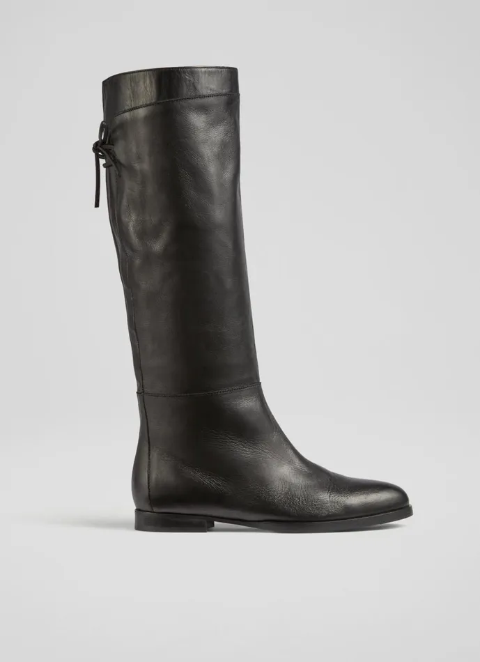 Women Boots LKBennett Cassandra Black Leather Flat KneeHigh Boots Black