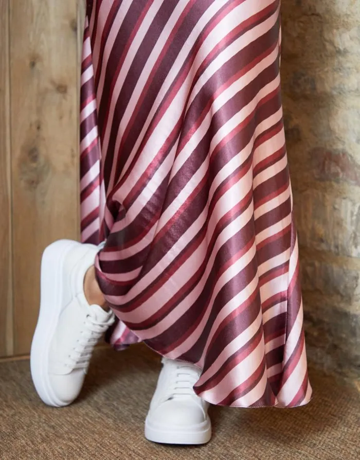 Women Burgundy Stripe Print Maxi Satin Slip Skirt Threadbare Skirts Women Burgundy Stripe Print Maxi Satin Slip Skirt Threadbare Skirts