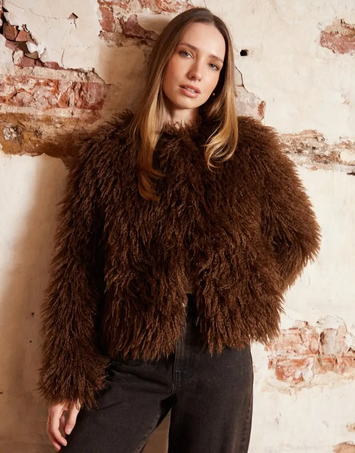 Women Chocolate Mongolian Faux Fur Coat Threadbare Coats