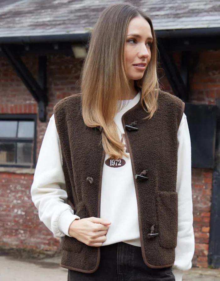 Women Chocolate Toggle Fleece Borg Gilet Threadbare Jackets
