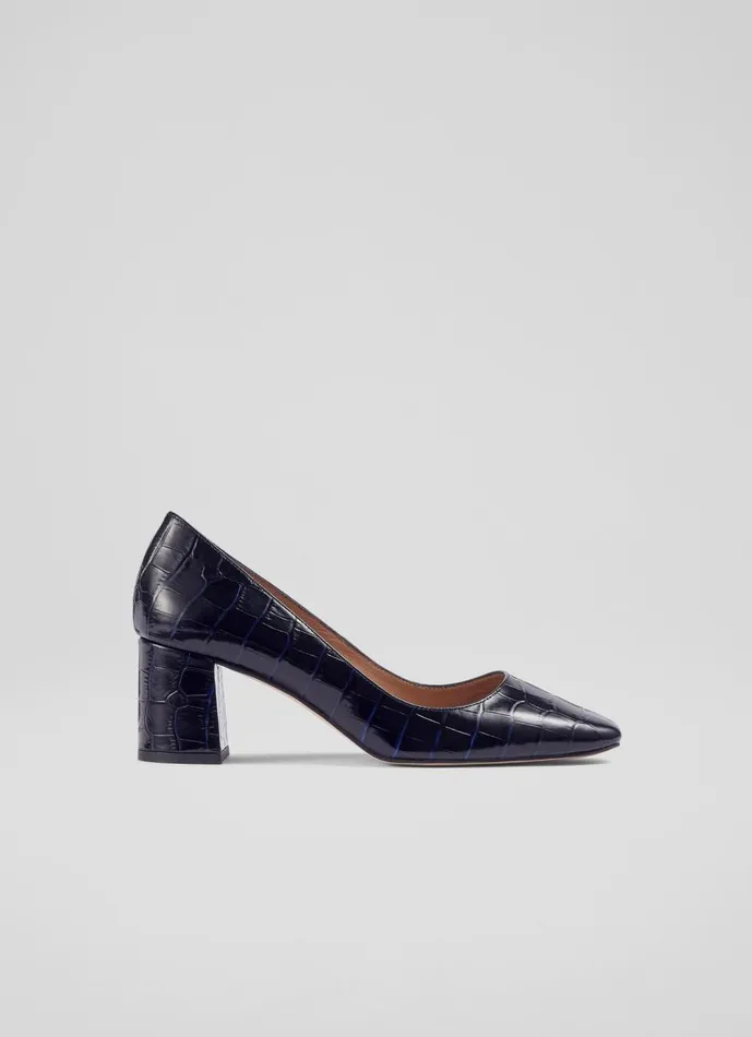 Women Court Shoes LKBennett Sally Navy CrocEffect Leather Courts Navy
