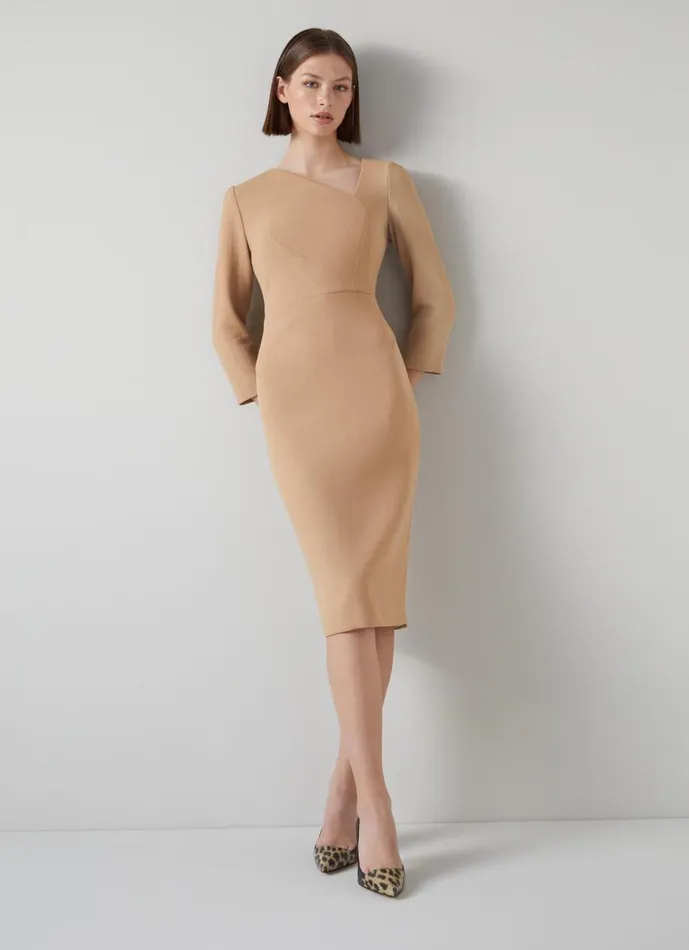 Women Dresses LKBennett Alexis Caramel Wool Crepe Shift Dress Natural