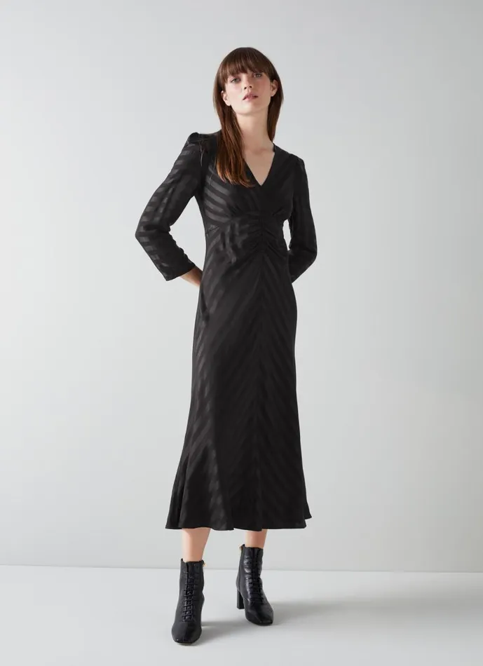 Women Dresses LKBennett Gabrielle Black Stripe Satin Midi Dress Black