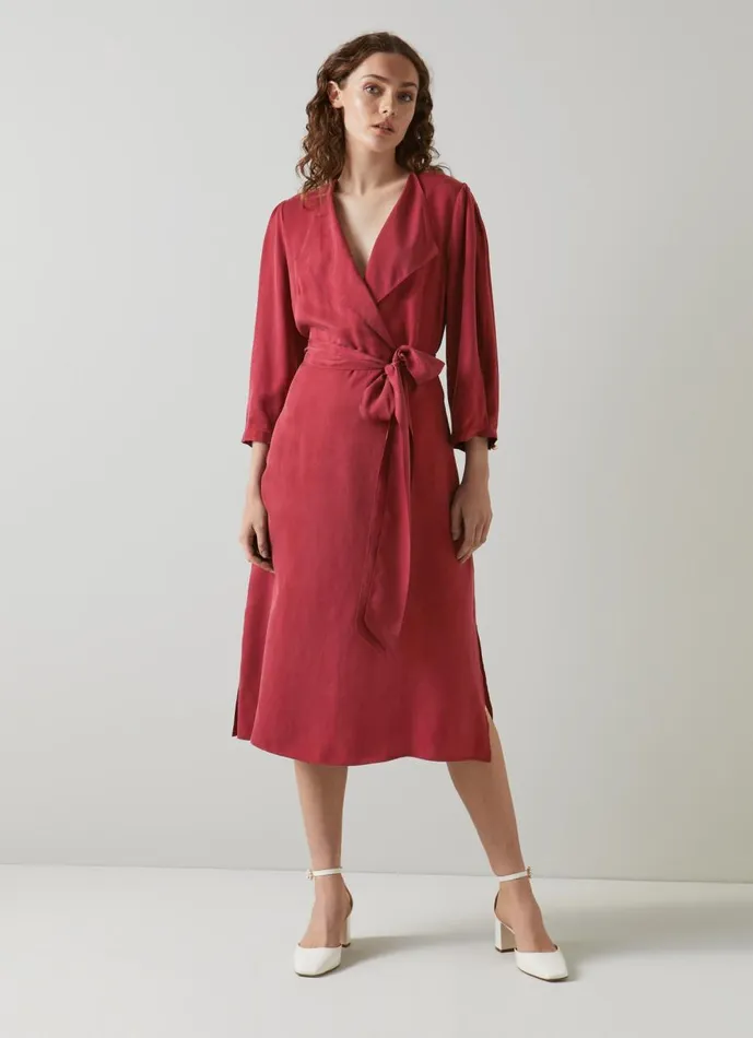 Women Dresses LKBennett Iris Red Fluid Midi Dress Red Dahlia
